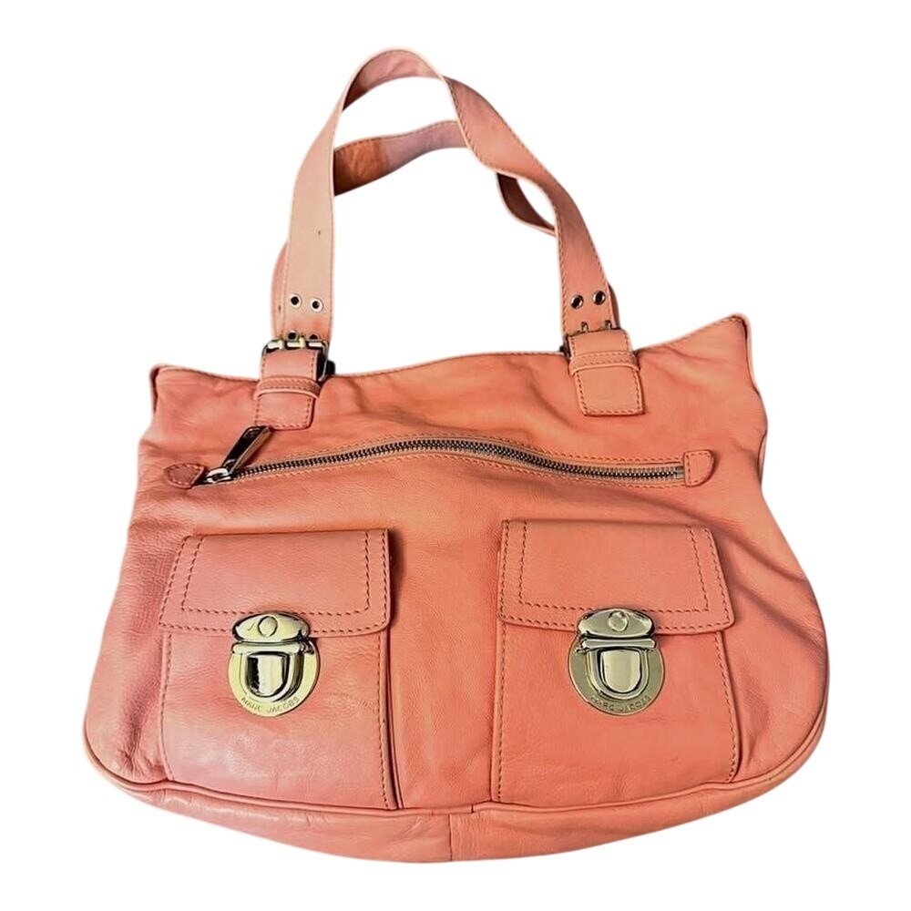 Marc Jacobs Pink Leather Venetia Shoulder Bag‎ Medium Salmon Coral Push Lock Y2K